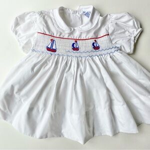 Carriage Boutiques Vintage White Baby Dress with Sailboat Embroidery Size 12M